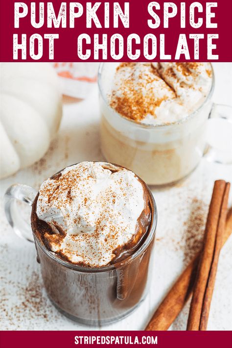 This easy-to-make Pumpkin Spice Hot Chocolate is the perfect recipe for a chilly fall day. Made with real pumpkin puree and your choice of dark or white chocolate, this homemade hot chocolate is a decadent fall treat. Top it with brown sugar whipped cream (and an optional splash of bourbon for the adults)! #pumpkinspice #hotchocolate Real Pumpkin Puree, Pumpkin Spice Hot Chocolate, Spice Hot Chocolate, Pumpkin Hot Chocolate, Fall Night, Sweetened Whipped Cream, How To Make Pumpkin, Homemade Hot Chocolate, Chocolate Cinnamon