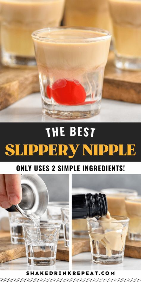 The slippery nipple shot is a layered concoction with a sweet flavor. Ranking high for presentation as well as its taste, sweet grenadine, anise-flavored Sambuca, and creamy Bailey's Irish cream liqueur create a shot that is worth toasting to. Cream Liqueur Drinks, Baseball Shots Alcohol, Shots With Baileys Irish Cream, Baileys Shot Recipes, Cream Liqueur Cocktails, Sambuca Cocktails, Shots With Baileys, Sambuca Shots, Baileys Shots