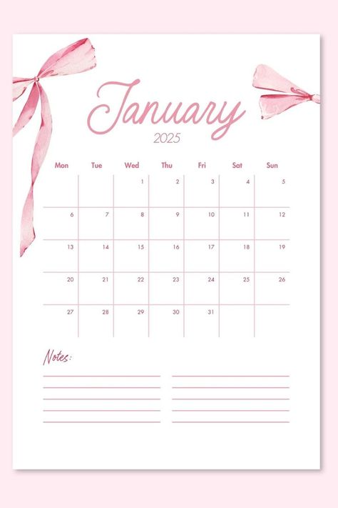 This cute 2025 monthly printable calendar is coquette themed with pretty pink bows. Aesthetic Monthly Calendar, Coquette Printable, Monthly Printable, Monthly Calendar Printable, Pink Bows, Bts Quotes, Bullet Journal Ideas Pages, Printable Calendar, Calendar Printables