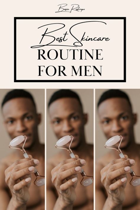 Text that reads: Best Skincare Routine for Men followed by an image repeated 3x of a man holding out a pink face roller. Men Skin Care Routine, Face Soap, Gift Box For Men, Skin Care Collection, Top Skin Care Products, Best Skincare Products, Birthday Gifts For Husband, Personalized Glass, Mens Skin Care