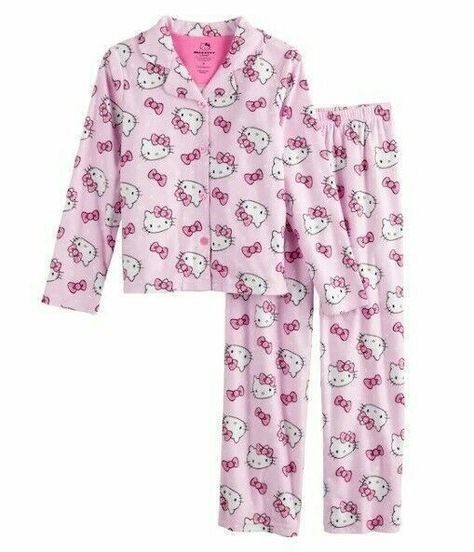 Hello Kitty Pajamas, Pajamas Aesthetic, Fleece Pjs, Button Up Pajamas, Kitty Clothes, Hello Kitty Clothes, Cute Pjs, Pajamas Sets, Girls Sleepwear