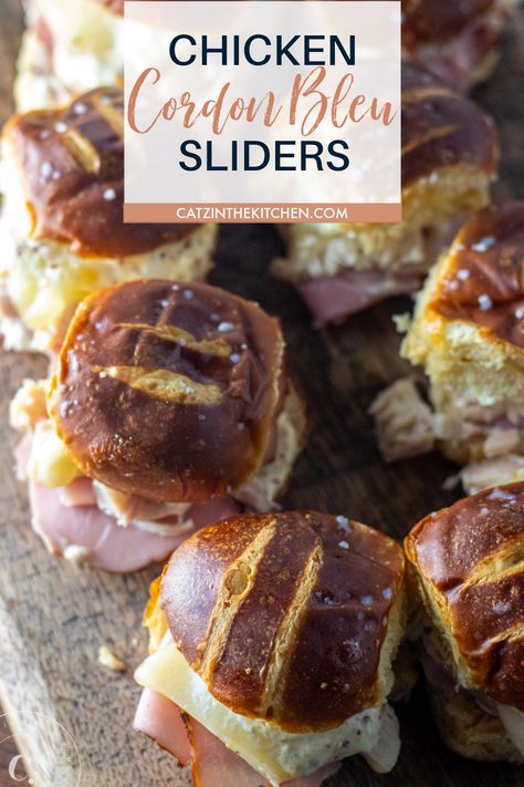 These tasty little Chicken Cordon Bleu Sliders are an easy, interesting way to mix up the weeknight menu in your meal plan. Cordon Blue Sliders, Chicken Cordon Bleu Sliders, Cordon Bleu Sliders, Pretzel Sliders, Big Sandwich, Vegetarian Grilling, Cordon Blue, Grilled Desserts, Deli Sandwiches