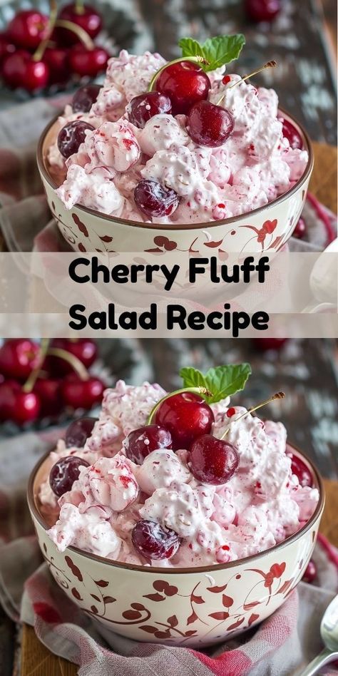 How about a new salad idea? This cherry fluff salad recipe is perfect! A delicious cherry dessert and refreshing addition to your salad recipes for dinner. Ideal for any occasion. Cherry Fluff Salad, Cherry Salad Recipes, Cherry Fluff, Fluff Salad Recipes, Cherries Salad, Fluff Salad, Fluff Recipe, Fluff Desserts, Cherry Desserts