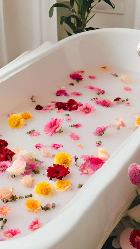 #selfcare #selflove #selfcaretips #selfcaresunday #bath #bathtub #flowerbath #floralbath #milkbath #aesthetic #calming #pink #spring #healing #summer #thatflowerfeeling #mentalhealth #girly #cleangirl Bath Essentials Aesthetic, Self Care Bath Ideas, Milk Bath Aesthetic, Pamper Aesthetic, Relaxing Bath Aesthetic, Flower Bath Aesthetic, Bathing Aesthetic, Bath Tub Photography, Bubble Bath Aesthetic