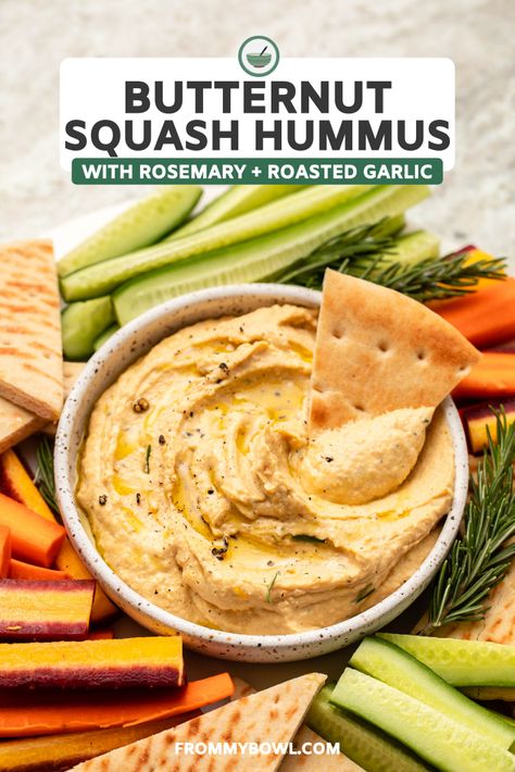 This Roasted Butternut Squash Hummus is a cozy fall-inspired dip infused with rosemary & caramelized garlic! The perfect vegan & gluten-free appetizer. Vegan Butternut Squash Recipes, Butternut Squash Hummus, Caramelized Garlic, Squash Hummus, Vegan Spinach Dip, Vegan Butternut Squash Soup, Butternut Squash Curry, Butternut Squash Chili, Vegan Butternut Squash