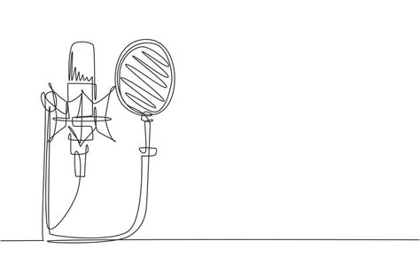 Single one line drawing technology object, sound recording equipment concept. Studio silver microphone and black pop shield on mic stand. Modern continuous line draw design graphic vector illustration Silver Microphone, Drawing Technology, Mic Stand, Continuous Line Drawing, One Line Drawing, Recording Equipment, Continuous Line, Drawing Videos, Line Drawing