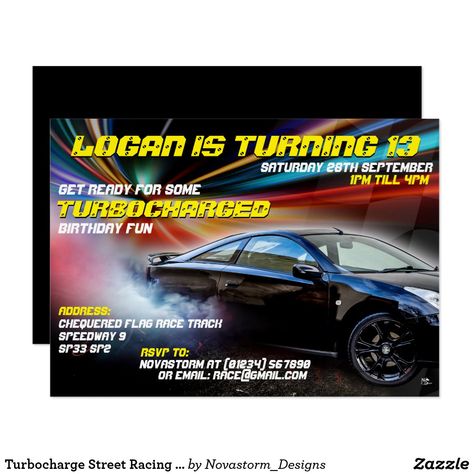 Turbocharge Street Racing Party invitations Racing Birthday Party, Racing Birthday, Sports Birthday Invitations, Cars Street, Racing Party, Cars Invitation, Car Birthday Party, Race Car Themes, 17 Birthday