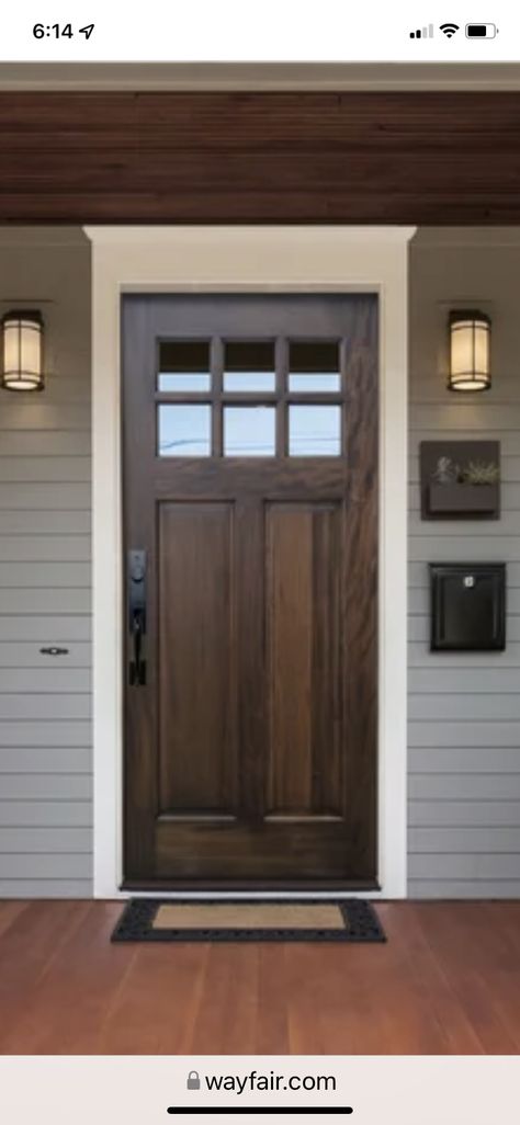 Menards Front Door, Brown Wooden Door Exterior, Wood Door Grey House, Brown Doors Exterior Entrance, Dark Stained Front Door, Dark Front Doors Exterior, Solid Front Door Ideas, Dark Walnut Front Door, Ranch Style Front Door