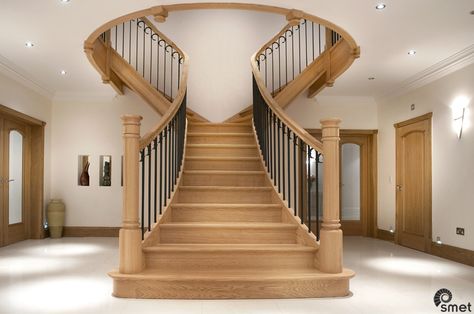 Free-standing T-shaped stairs with hand forged spindles. Spiral Staircase Loft, Wrought Iron Spindles, Winder Stairs, New England House, Bespoke Staircases, Timber Stair, Wrought Iron Staircase, Wooden Staircase, Timber Staircase