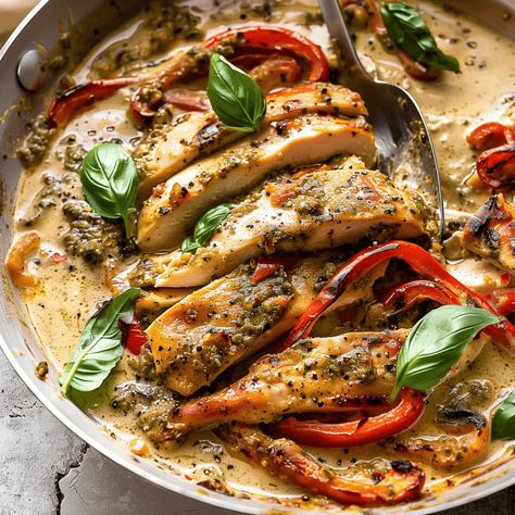 Looking for a quick, delicious dinner that comes together in just 30 minutes? This Creamy Pesto Chicken recipe is your answer! It’s packed with vibrant flavors, satisfying textures, and requires ... Read more Easy Pesto Chicken, Pesto Chicken Recipe, Pesto Cream Sauce, Creamy Pesto Chicken, Basil Pesto Chicken, Dream Restaurant, Quick Delicious Dinner, Chicken Pesto Recipes, Pesto Cheese