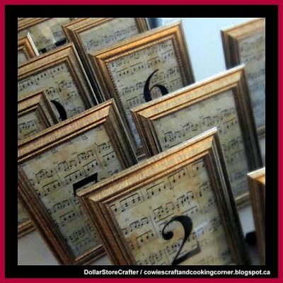 Dollar Store Crafter: Make Table Numbers Using Dollar Tree Picture Frame... Dollar Tree Table Numbers, Book Table Numbers, Sheet Music Wedding, Vintage Table Decorations, Wedding Table Themes, Frugal Wedding, Vintage Wedding Table, Music Themed Parties, Music Themed Wedding