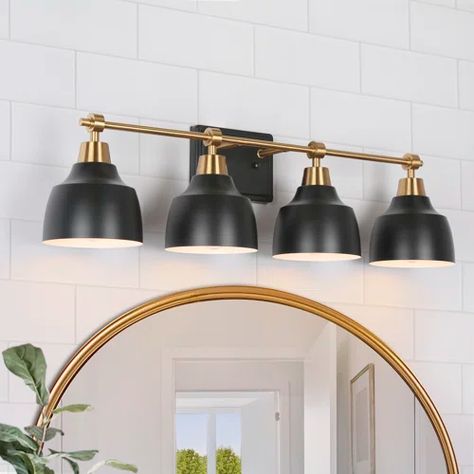 Wade Logan® Hitterdal 3 - Light Dimmable Vanity Light | Wayfair Farmhouse Vanity Lights, Modern Bathroom Vanity Lighting, Black And Gold Bathroom, Modern Vanity Lighting, Vanity Lights Bathroom, Black Vanity Bathroom, Farmhouse Vanity, Black Vanity Light, Vintage Wall Sconces