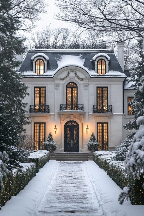 Snow-Covered Estate with Glowing Windows. Unwrap the secrets of posh house facades and pick up clever ideas to make cardboard castles look like mansions. French Chateau Stone Exterior, Uk House Exterior, French Style House Exterior, Stone And Brick House Exterior, Cardboard Castles, Posh House, French Stone House, Rich Houses, Posh Houses