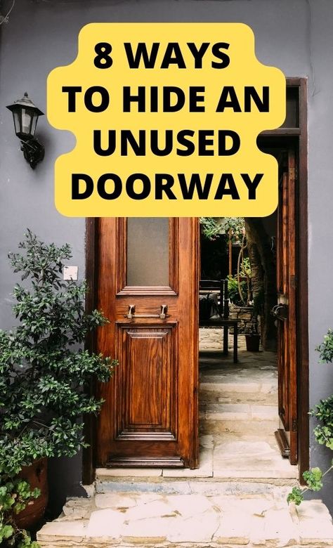 Unused Front Door Ideas, Hiding Door Ideas Entryway, Old Doorway Ideas, Hide A Door With Curtains, Blocking A Doorway With Furniture, Covering Unused Door, Disguise A Door Ideas, Curtain To Hide Door, Hiding Door Design