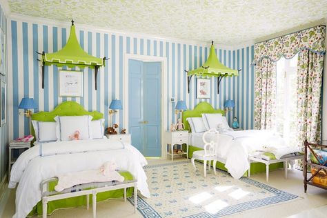 Twin Beds Guest Room, Childrens Bedroom Furniture, Childrens Rooms, Palm Beach Style, Striped Walls, Twin Beds, Children's Bedrooms, Kid Rooms, Girls Rooms