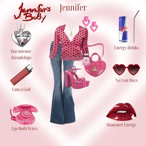 Jennifer's Body Megan Fox Outfits, Jennifer's Body Aesthetic Outfits, Jennifer From Jennifers Body Outfits, Pink And Red Y2k Outfits, Jennifers Body Outfit Inspiration, Jennifer’s Body Outfit Ideas, How To Be Like Jennifer Check, Jenifer Body Costume, Hot Girly Icon Outfit