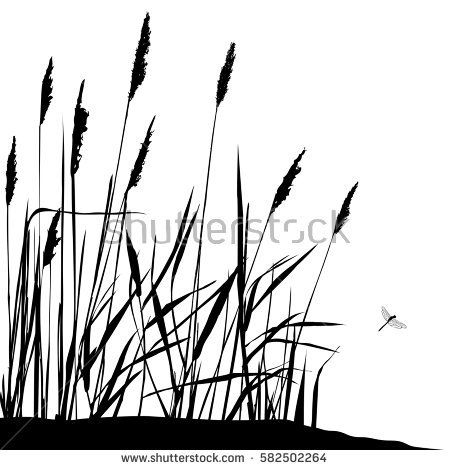 Reed and flying dragonfly during sunny day - vector illustration. Wild live Vitrofusion Ideas, Flying Dragonfly, Camo Stencil, Alang Alang, Grass Silhouette, Wild Flower Meadow, Pumpkin Vector, Leaf Silhouette, Wall Decor Design