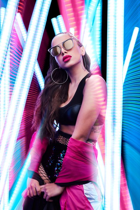 Chilli Beans + Anitta on Behance Annie Aesthetic, Jake Hicks, Cyberpunk Photoshoot, Neon Lights Photography, Neon Photoshoot, 2021 Aesthetic, Neon Photography, Neon Girl, Chilli Beans