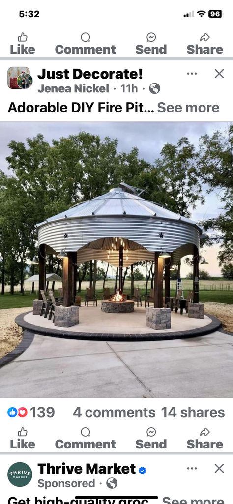 Grain Bin Fire Pit Outdoor Fireplaces, Bin Fire Pit, Grain Bin Fire Pit, Silo Conversion, Grain Bin Gazebo, Bin Gazebo, Silo Ideas, Fire Pit Outdoor, Grain Silo