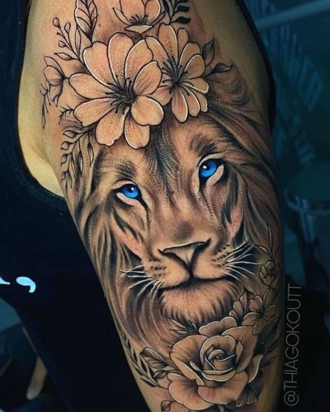 Lion Tattoo With Flowers, Leo Lion Tattoos, Lion Tattoo On Thigh, Female Lion Tattoo, Animal Tattoos For Women, Tier Tattoo, Lioness Tattoo, Lion Tattoo Sleeves, Lion Head Tattoos