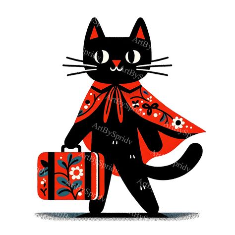 Vintage Black Cat Illustration, Cape Illustration, Black Cat Illustration, Red Cloak, Whimsical Art Paintings, Cat Art Illustration, Cat Clipart, Sublimation Projects, Cats Illustration