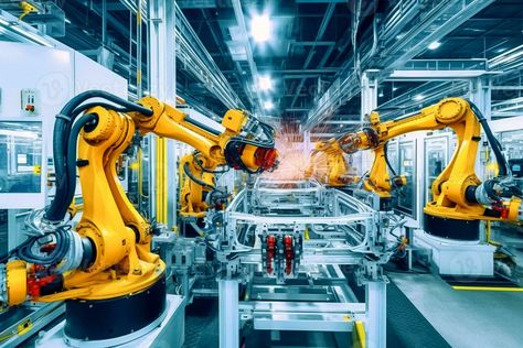 Industrial welding robotic arm in production line manufacturing plant, Automated robot arm assembly line manufacturing Robotic Automation, Robotic Welding, Building Management, Manufacturing Plant, Control Panels, Assembly Line, Robotics, Relocation, Cnc Machine