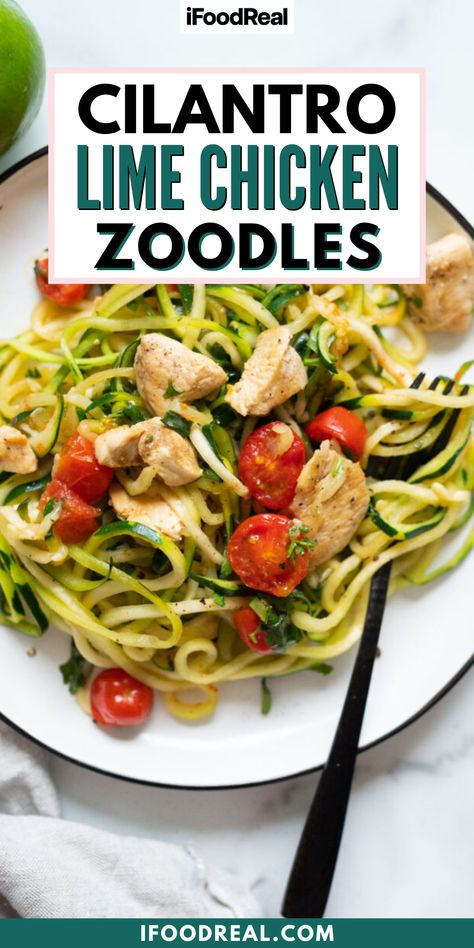 These Cilantro Lime Chicken Zoodles, or zucchini noodles, are packed with zesty flavor that the whole family will love! It’s light, it’s healthy, it’s gluten-free, and it comes together in just 20 minutes! Try out this wonderful recipe today and I know you’ll want to have it again and again! Zoodles How To Make, Zoodle Recipes Healthy, Chicken Zoodles, Zoodles Recipe, Chicken Cilantro, Noodles With Chicken, 30 Minute Meals Healthy, Delicious Crockpot Recipes, Peanut Butter Chicken