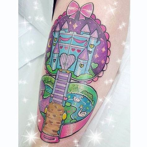 Polly Pocket tattoo by @shannan_meow #pollypockettattoo #vintagetattoo #pollypocket Polly Pocket Tattoo, Pocket Tattoo, Wahoo Board, Dopamine Tattoo, My Little Pony Tattoo, Barbie Tattoo, 90s Tattoos, Care Bear Tattoos, Castle Tattoo