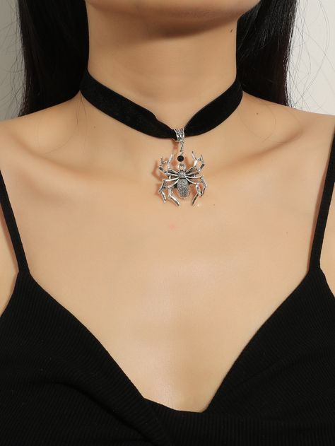 Black Funky   Velvet   Embellished   Jewelry Lock Charm Necklace, Skull Spider, Spider Pendant, Antique Silver Necklace, Spider Necklace, Charm Choker Necklace, Layered Chokers, Mens Silver Necklace, Pendant Choker