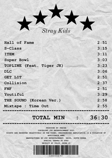 #skz #receipt #kpop #5star Skz 5 Star Album Receipt, Kpop Receipt Template, Phone Case Paper Ideas, Song Receipts Kpop, Skz 5 Star Aesthetic, Kpop Scrapbook Printables, Stray Kids Receipt, Skz Receipt, Skz Crafts Ideas