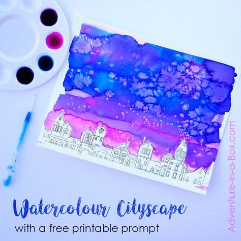 Would you like to try a simple watercolour project, that even kids can do? Paint a watercolour cityscape, using a free printable prompt! Easy Watercolour Painting, Easy Painting For Kids, Art Videos For Kids, Watercolor Art Diy, Watercolor Art Journal, Watercolor Sky, Kids Watercolor, Watercolor Projects, Watercolor Paintings Easy