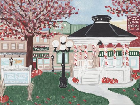 Horizontal Fall Aesthetic, Gilmore Girls Illustration, Gilmore Girls Painting, Stars Hollow Fall, Stars Hollow Aesthetic, Gilmore Girls Art, Gilmore Girls Party, Fall Desktop, Town Drawing