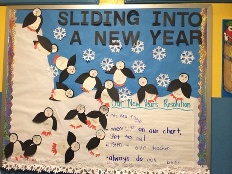 Sliding into a new year- bulletin board Sliding Into The New Year Bulletin Board, Sliding Into A New Year Bulletin Board, Goals Bulletin Board, New Year Bulletin Board, Kindergarten January, Preschool Bulletin, Resident Assistant, Preschool Bulletin Boards, Dorm Room Designs