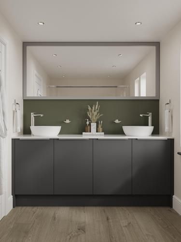 Howdens Clerkenwell, Charcoal Bathroom, Black Bathroom Ideas, Blue Bathroom Walls, Slab Cabinets, Handleless Cabinets, Grey Bathroom Cabinets, Dark Gray Bathroom, Compact Laminate