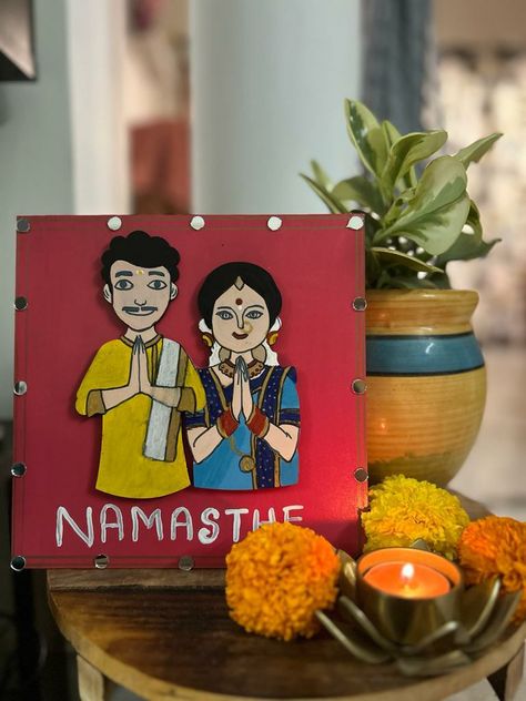 Festive Decor Festive Home Decor Indian, Welcome Board Ideas, Couple House, Diya Stand, Anniversary 50th, Pichwai Art, Pot Craft, Traditional Decoration, Cartoon Art Drawing