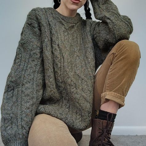 Vintage Mossy Peat Earthen Traditonal Celtic Aran... - Depop Celtic Aesthetic Outfit, Celtic Aesthetic, Celtic Fashion, Aran Knit, Sweater Handmade, Aesthetic Outfit, Cozy Cottage, Aesthetic Clothes, Cottage