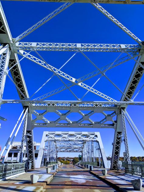 A surprisingly icy John Seigenthaler Pedestrian Bridge in Nashville, Tennessee. Tennessee Nashville, Pedestrian Bridge, Hot Chicken, Blue Skies, Nashville Tennessee, Bay Bridge, Road Trips, Nice View, Girls Trip