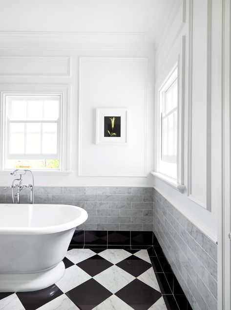 Greg Natale Bathroom, Black And White Bathroom Floor, Classic Bathrooms, Checkerboard Tile, Timeless Bathroom Design, Marble Walls, Black And White Tiles Bathroom, Greg Natale, Bathroom Upstairs