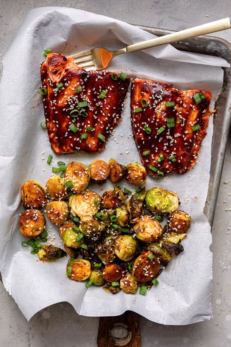 Dash of Mandi Asian BBQ Salmon And Brussels Sprouts For Two - Dash of Mandi Sheet Pan Asian, Best Salmon Recipe, Asian Bbq, Butcher Box, Bbq Salmon, Meal For Two, Mediterranean Meals, I Love Myself, Healthier Choices