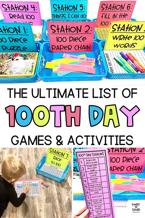 Ready to celebrate the 100th day of school? Today, I am sharing my favorite 100th day activities and 100th day of school games you can use in your elementary classroom. I share 100th day stations and 100th day centers including 100th day would you rather, a 100th day scavenger hunt, and 100th day math activities. You will also find a 100th day crown and 100th day literacy activities. Students will love the 100th day STEM activities as well as the math activities using a hundreds chart. 100th Day Activities, 100th Day Of School Activities, Games Preschool, Teacher Appreciation Themes, 100s Day, 100th Day Of School Crafts, 100 Day Of School Project, 100 Day Celebration, Hundreds Chart