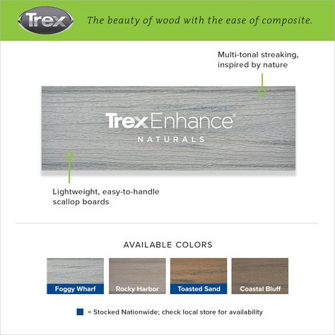 A modern neutral, Trex's deck color in Foggy Wharf blends salty grey hues with shades of dark silver, featuring a low-maintenance, wood-like grain pattern. Made of high-performance composite for durability; won’t rot, warp or splinter, unlike wood. Decking has a protective outer shell for durability; resists fading and staining. Quality low-maintenance material; cleans easily with soap and water. Backed by the Trex 25-year Limited Residential Warranty and the Trex 25-year Limited Residential Fad Trex Deck Colors, Trex Enhance, Trex Composite Decking, Trex Decking, Deck Renovation, Beach House Colors, Wood Decking, Composite Decking Boards, Deck Colors