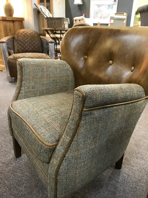 Tweed Chair, Tweed Sofa Living Rooms, Tweed Armchair, Harris Tweed Sofa, Tweed Couch, Tweed Furniture, Grey Leather Chair, Plaid Chair, Old World Furniture