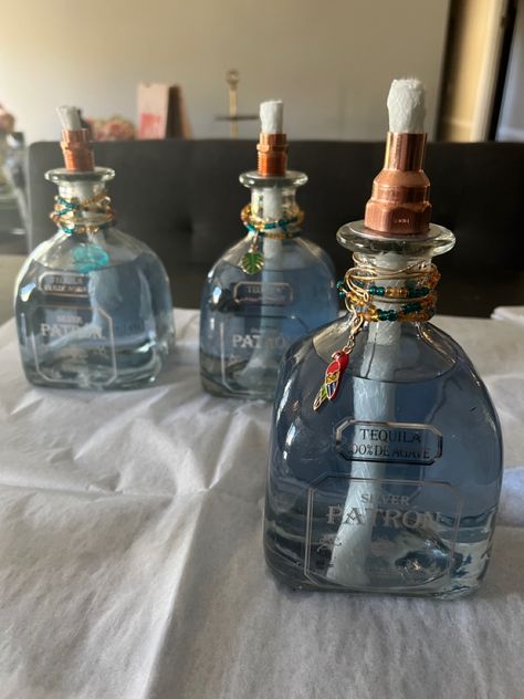 Repurpose Alcohol Bottles, Old Glass Bottles Ideas Decor, Old Liquor Bottle Ideas, Old Liquor Bottles, Wood Tea Light Holder, Halloween Wine Bottles, Patron Bottle, Bourbon Bottle, Liquor Bottle Crafts