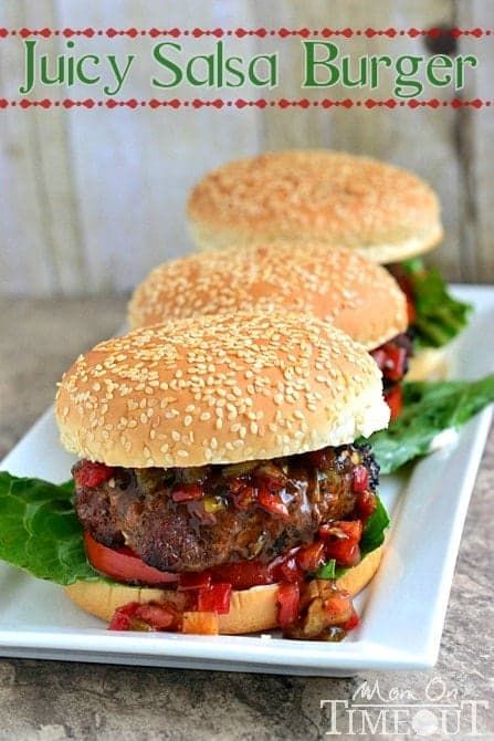 Juicy Salsa Burgers | MomOnTimeout.com Salsa Burgers, Salsa Burger, Burger Board, Burger Dogs, Hamburger Recipes, Burger Bar, Burgers Sandwiches, Delicious Burgers, Good Burger