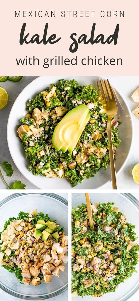 This Mexican street corn kale salad turns esquites into a meal-sized salad with shredded kale, grilled chicken, avocado and tortilla chips!    #corn #salad #kale #chicken #mexicanstreetcorn #eatingbirdfood #glutenfree Kale Chicken, Kale Corn Salad, Mexican Kale Salad Recipes, Chicken Kale Salad, Kale Salad With Chicken, Kale Salad Recipes With Chicken, Kale Salad Chicken, Kale Chicken Salad Recipes, Mexican Street Corn Kale Salad