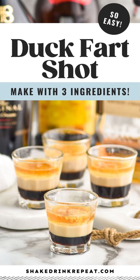 The Duck Fart Shot is a layered shot with flavors of creamy Baileys, Kahlua, and warm whiskey. Skrewball Whiskey Shot Recipes, Alaska Duck Fart Cocktail, Red Tea Shots Recipes, Duck Fart Shot, Camping Shots Alcohol, Coffee Shots Alcohol, Creamy Shots Alcohol, Duck Fart Shot Recipe, Yummy Shots Recipes