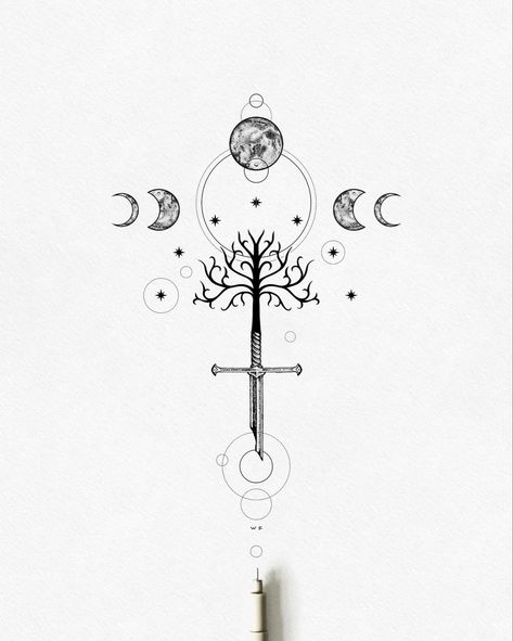 Fine Line Lord Of The Rings Tattoo, Lotr Fine Line Tattoo, Lotr Tattoo Ideas, Tree Of Gondor Tattoo, Elvish Tattoo, Fine Line Tattoo Designs, Yggdrasil Tattoo, Tolkien Tattoo, Line Tattoo Designs