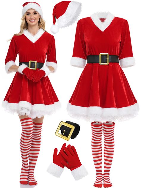 PRICES MAY VARY. What you will receive: you will receive 1 Christmas red velvet dress costume set, including 1 piece of Santa velvet dress, 1 piece of red Santa hat, 1 pair of red gloves, 1 pair of black belt, 1 pair of red and white striped thigh high socks, in a total of 5 pieces, suitable for Christmas party dress cosplay Soft material: hats and dresses are made of super soft velvet, namely 90% polyester and 10% spandex; the white plush is made of rabbit fur, not easy to fade or deform, so yo Womens Santa Costume, Striped Thigh High Socks, Fancy Christmas, Santa Dress, Santa Costume, New Year Eve, Santa Suits, Red Velvet Dress, New Years Eve Dresses