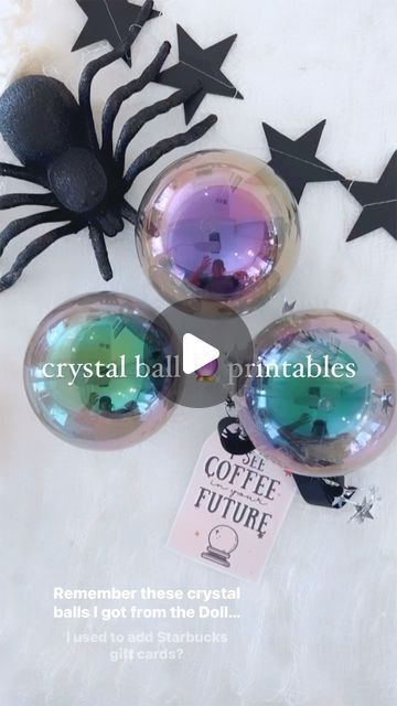 Andrea Clawson on Instagram: "Sharing some more crystal ball gift card printables 🔮   This giftcard idea was a hit and thought I would share a few more free printables for you all.   These crystal balls are a must buy from dollar tree! They are so cute to add a giftcard to or even some candy!   Save this idea + share with friends + follow for more easy ideas for busy moms.   #teachergifts #teachersofinstagram #elementaryteachers #halloweenideas #halloween #dollartreefinds #dollartreediy #halloweengiftideas #halloweeninspo #giftcardholder #teachersfollowteachers #teachersofig" Dollar Tree Crystal Ball Diy, Crystal Ball Diy, Globe Gift, Halloween Teacher Gifts, Halloween Class Party, Dollar Tree Halloween, Dollar Tree Finds, Halloween Favors, Starbucks Gift Card