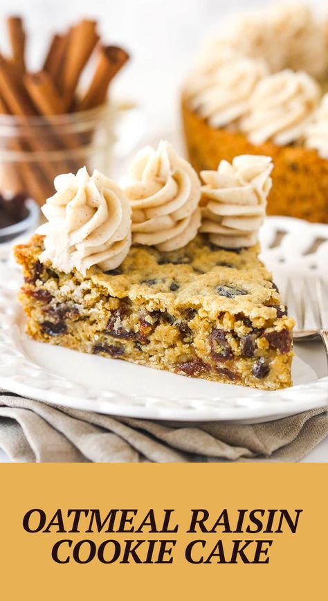 This easy oatmeal raisin cookie cake is so soft and chewy and loaded with cinnamon and sweet raisins! Plus, it’s topped with the best maple-cinnamon buttercream! If you’re a fan of cookie cakes and oatmeal raisin cookies, you’ll love this recipe! Oatmeal Raisin Cake Recipe, Oatmeal Raisin Cookie Cake, Baking With Raisins, Raisin Dessert Recipes, Crumbl Oatmeal Raisin Cookies, Oatmeal Raisin Cake, Raisin Desserts, Oatmeal Cookie Cake, Homemade Oatmeal Raisin Cookies